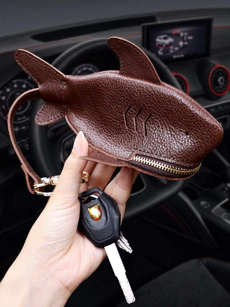Shark-Shaped Genuine Leather Key Pouch with Keychain,Backpack Charm