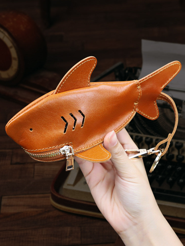 Shark-Shaped Genuine Leather Key Pouch with Keychain,Backpack Charm