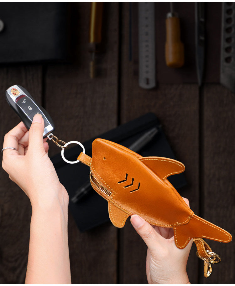 Shark-Shaped Genuine Leather Key Pouch with Keychain,Backpack Charm