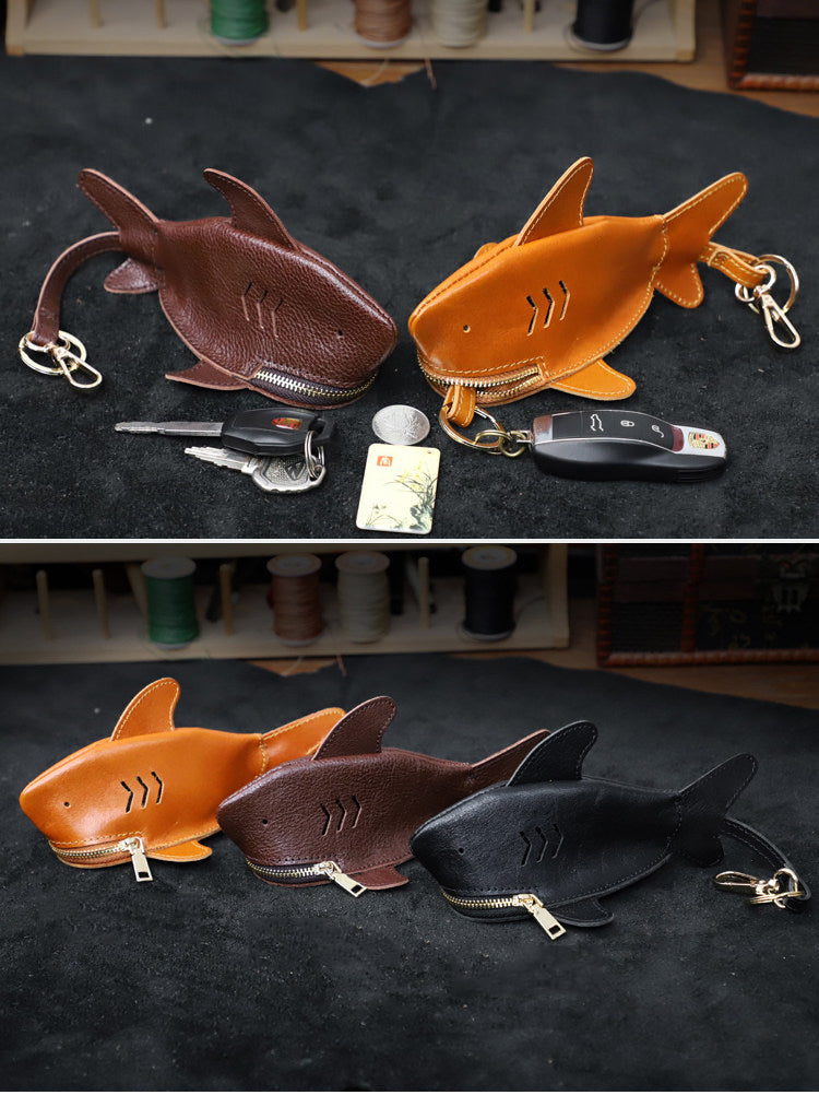 Shark-Shaped Genuine Leather Key Pouch with Keychain,Backpack Charm