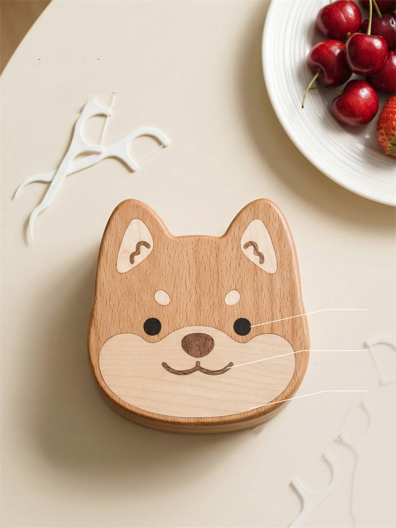 Shiba Inu Wooden Cotton Swab Storage Box - Multi-Compartment Toothpick Holder for Bathroom Decor Gift