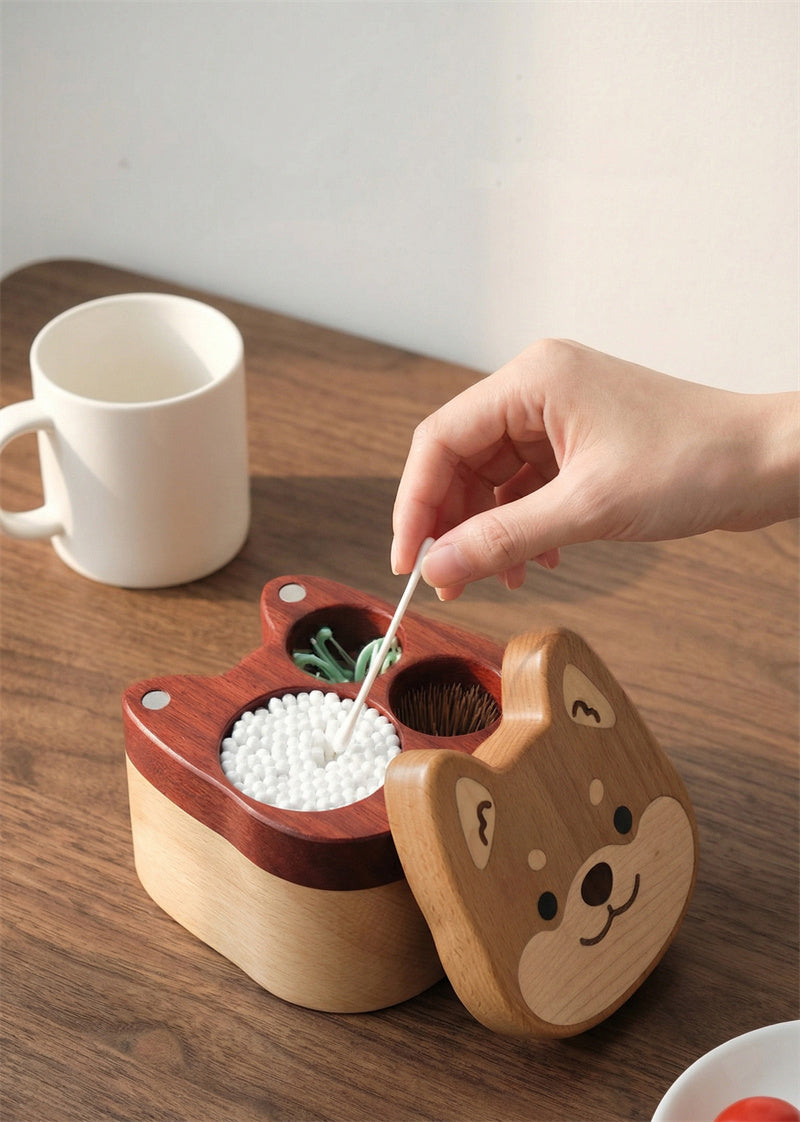 Shiba Inu Wooden Cotton Swab Storage Box - Multi-Compartment Toothpick Holder for Bathroom Decor Gift