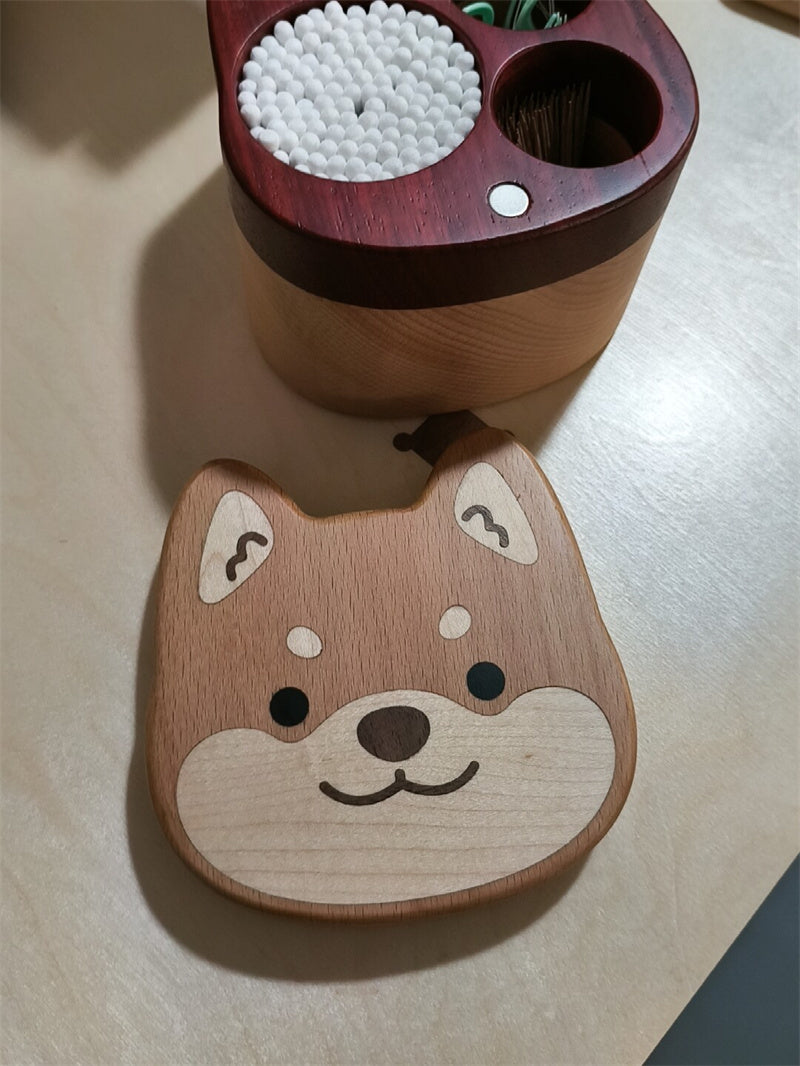 Shiba Inu Wooden Cotton Swab Storage Box - Multi-Compartment Toothpick Holder for Bathroom Decor Gift