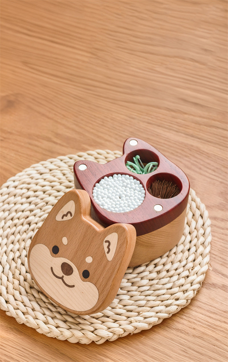 Shiba Inu Wooden Cotton Swab Storage Box - Multi-Compartment Toothpick Holder for Bathroom Decor Gift