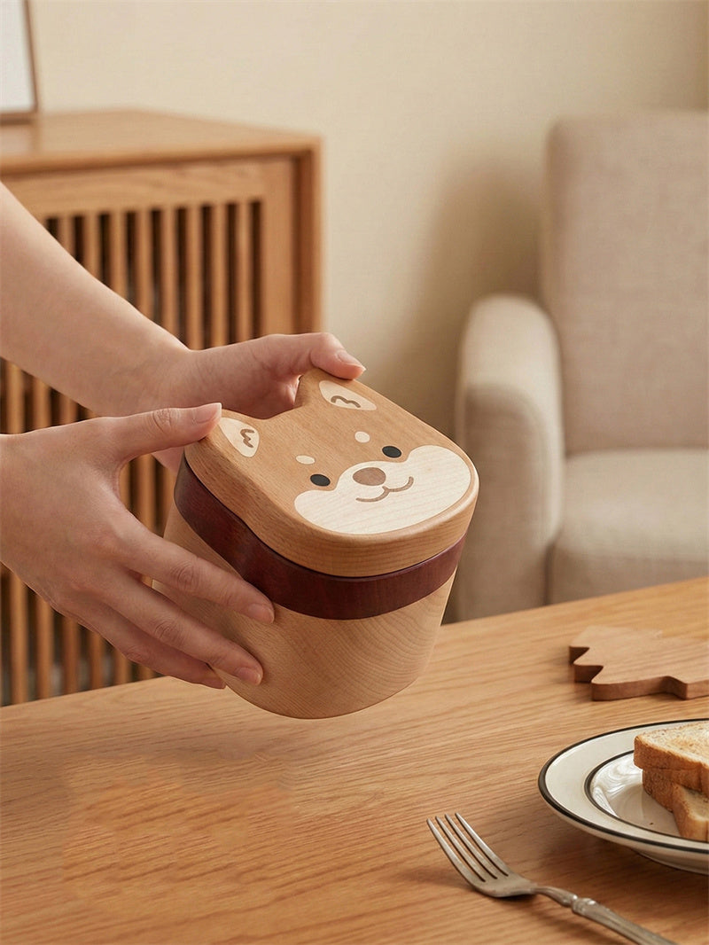 Shiba Inu Wooden Cotton Swab Storage Box - Multi-Compartment Toothpick Holder for Bathroom Decor Gift