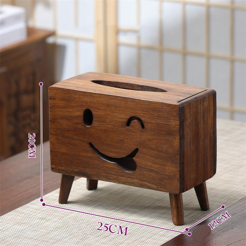 Smiling Face Retro Solid Wood Tissue Box - Cute Wooden Tissue Holder for Home & Office