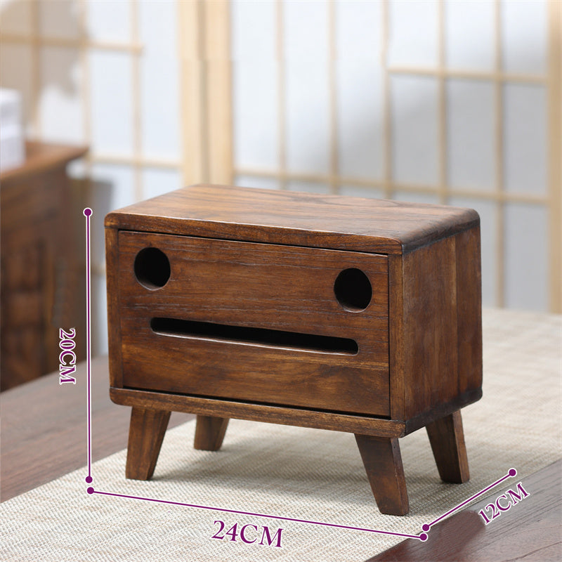 Smiling Face Retro Solid Wood Tissue Box - Cute Wooden Tissue Holder for Home & Office
