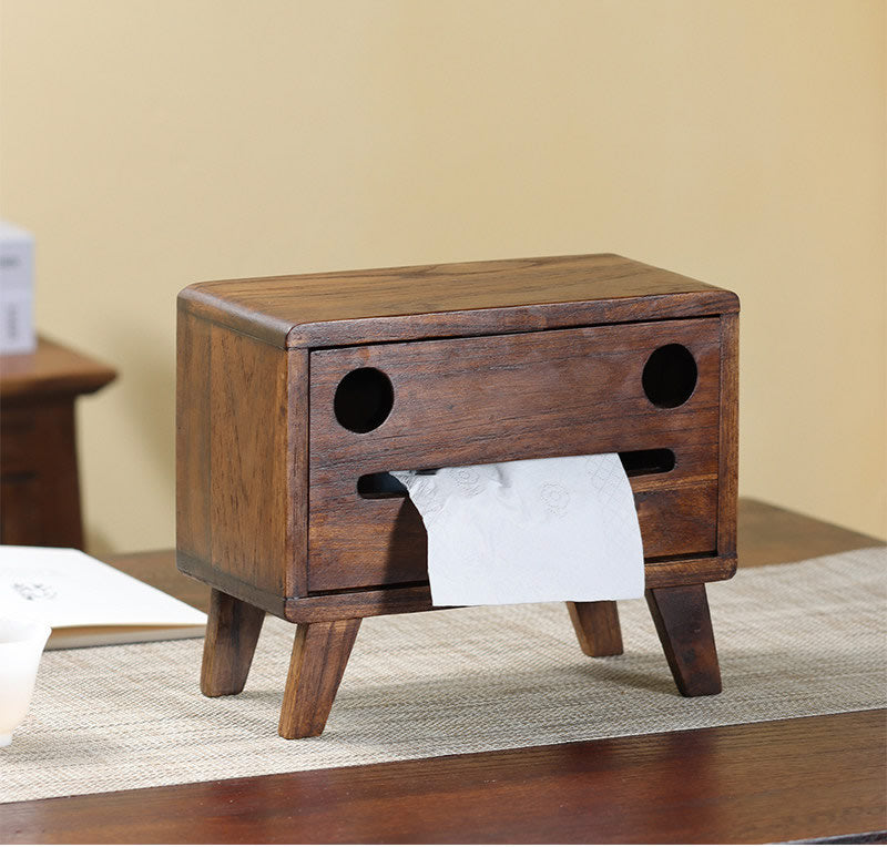 Smiling Face Retro Solid Wood Tissue Box - Cute Wooden Tissue Holder for Home & Office