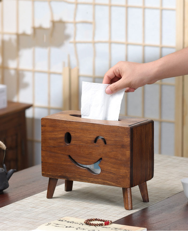 Smiling Face Retro Solid Wood Tissue Box - Cute Wooden Tissue Holder for Home & Office