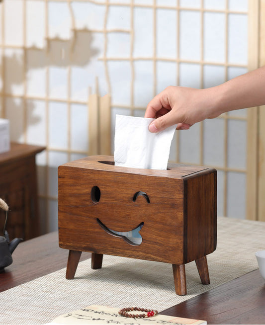 Smiling Face Retro Solid Wood Tissue Box - Cute Wooden Tissue Holder for Home & Office