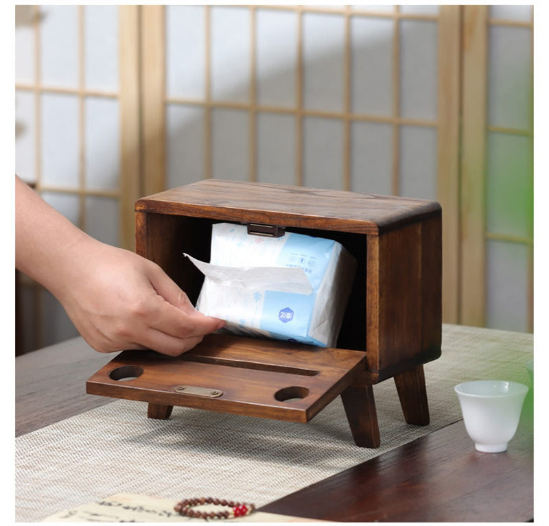 Smiling Face Retro Solid Wood Tissue Box - Cute Wooden Tissue Holder for Home & Office
