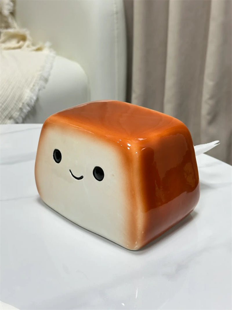 Smiling Toast Ceramic Tissue Box Cover - Whimsical Home Decor for Kitchen & Living Room