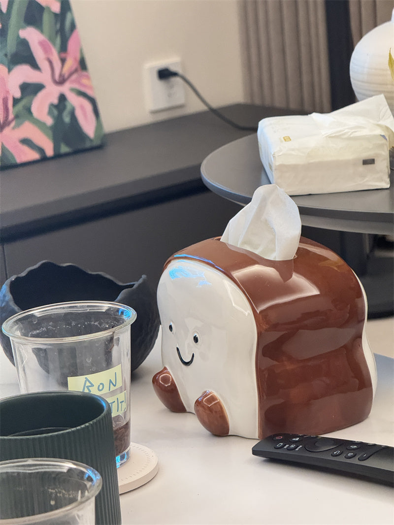 Smiling Toast - Shaped Ceramic Tissue Box Cover, Adorable Home Decor