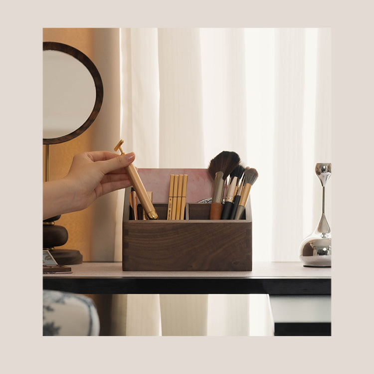 Solid Black Walnut Wood Multi‑Compartment Makeup Organizer Box, Desktop Vanity Holder for Makeup Brushes, Cosmetics, Office Stationery