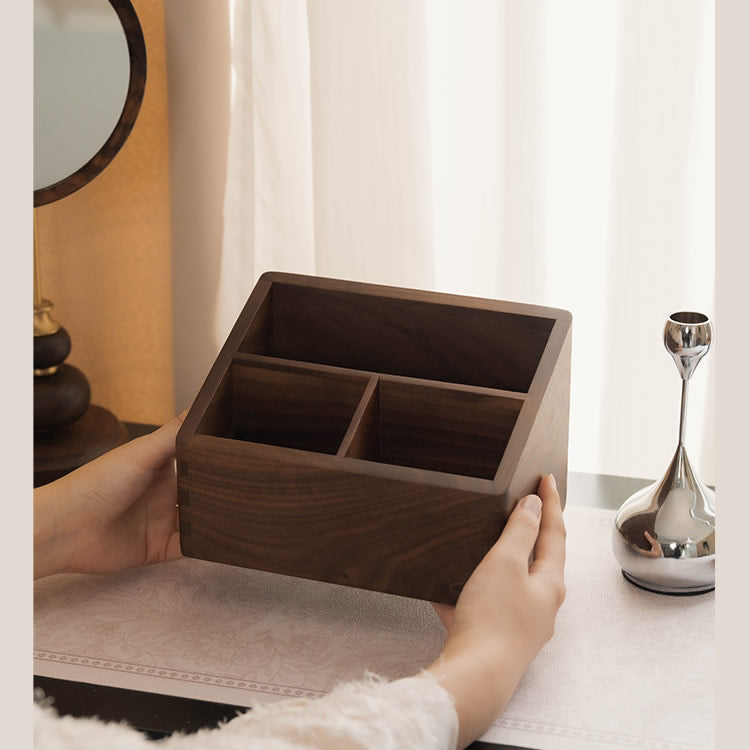 Solid Black Walnut Wood Multi‑Compartment Makeup Organizer Box, Desktop Vanity Holder for Makeup Brushes, Cosmetics, Office Stationery