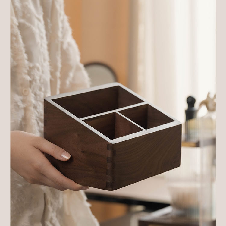 Solid Black Walnut Wood Multi‑Compartment Makeup Organizer Box, Desktop Vanity Holder for Makeup Brushes, Cosmetics, Office Stationery