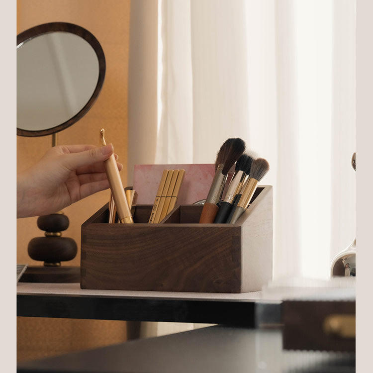 Solid Black Walnut Wood Multi‑Compartment Makeup Organizer Box, Desktop Vanity Holder for Makeup Brushes, Cosmetics, Office Stationery