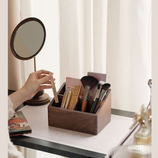 Solid Black Walnut Wood Multi‑Compartment Makeup Organizer Box, Desktop Vanity Holder for Makeup Brushes, Cosmetics, Office Stationery