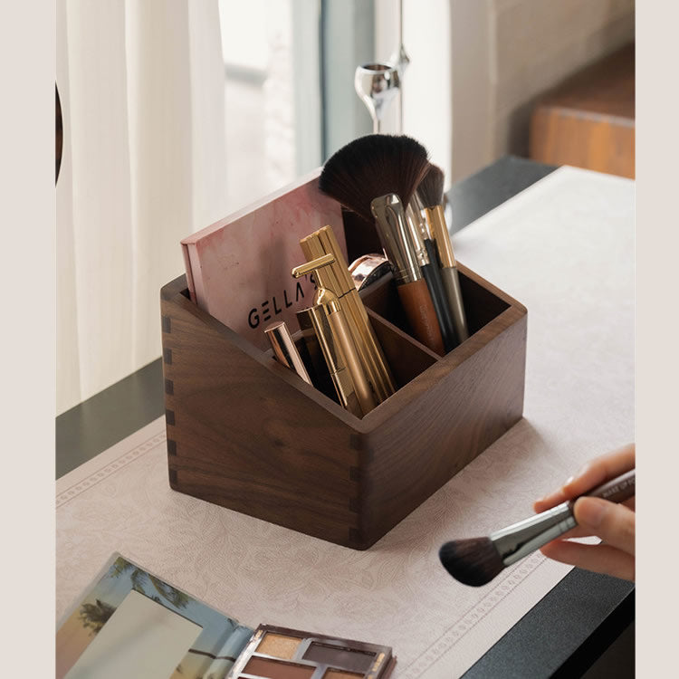 Solid Black Walnut Wood Multi‑Compartment Makeup Organizer Box, Desktop Vanity Holder for Makeup Brushes, Cosmetics, Office Stationery