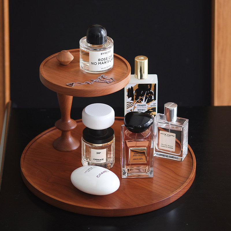 Solid Cherry Wood 2‑Tier Round Organizer Tray, Wooden Storage Holder for Perfume Bottles, Cosmetics, Jewelry Trinkets, for Dresser, Bathroom Counter, Bedroom Tabletop Decor