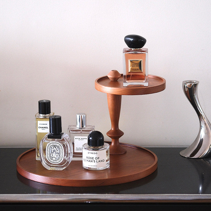 Solid Cherry Wood 2‑Tier Round Organizer Tray, Wooden Storage Holder for Perfume Bottles, Cosmetics, Jewelry Trinkets, for Dresser, Bathroom Counter, Bedroom Tabletop Decor