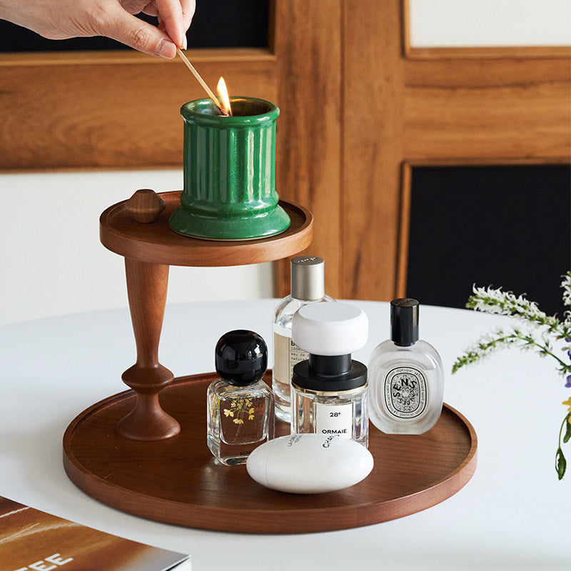 Solid Cherry Wood 2‑Tier Round Organizer Tray, Wooden Storage Holder for Perfume Bottles, Cosmetics, Jewelry Trinkets, for Dresser, Bathroom Counter, Bedroom Tabletop Decor
