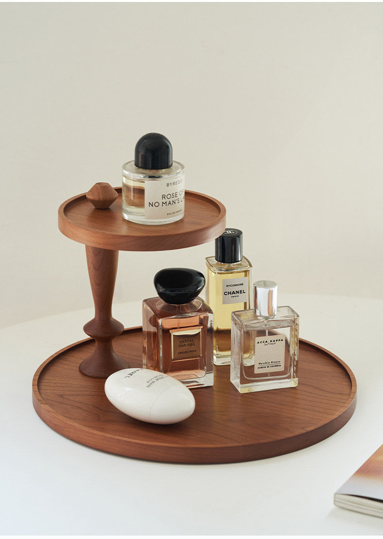Solid Cherry Wood 2‑Tier Round Organizer Tray, Wooden Storage Holder for Perfume Bottles, Cosmetics, Jewelry Trinkets, for Dresser, Bathroom Counter, Bedroom Tabletop Decor