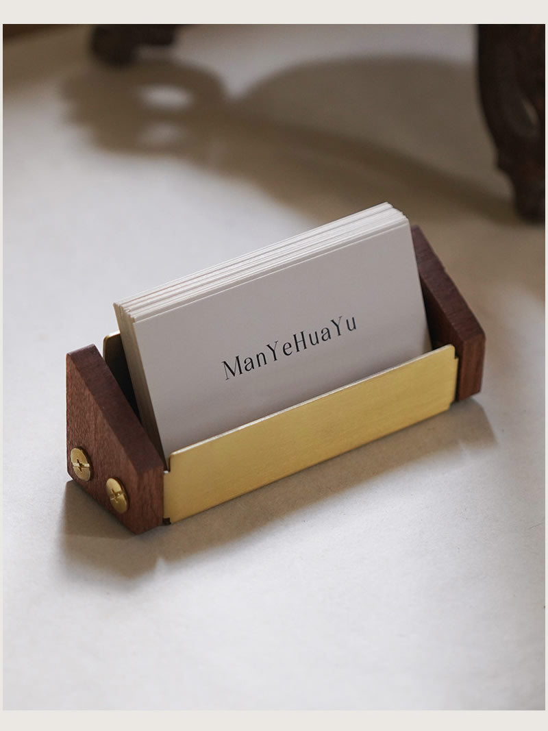 Solid Wood & Brass Business Card Holder, Mini Desktop Name Card Display Stand, Office Boutique Counter Card Organizer