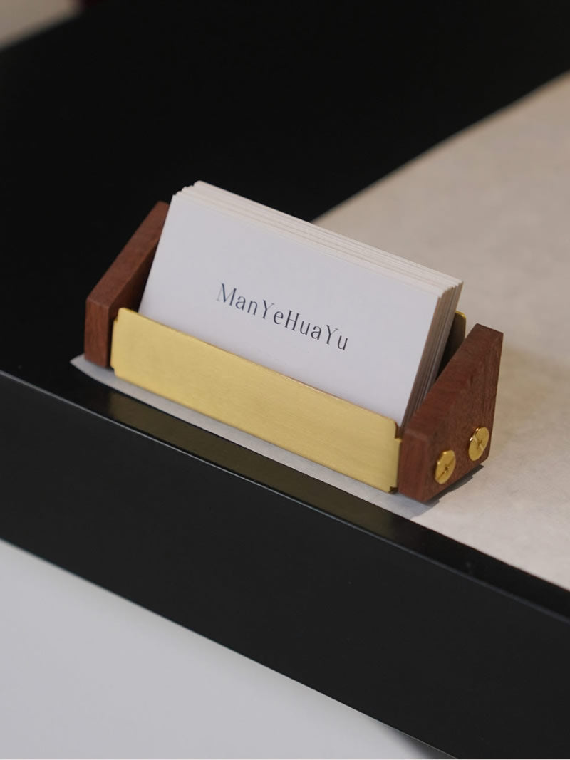 Solid Wood & Brass Business Card Holder, Mini Desktop Name Card Display Stand, Office Boutique Counter Card Organizer