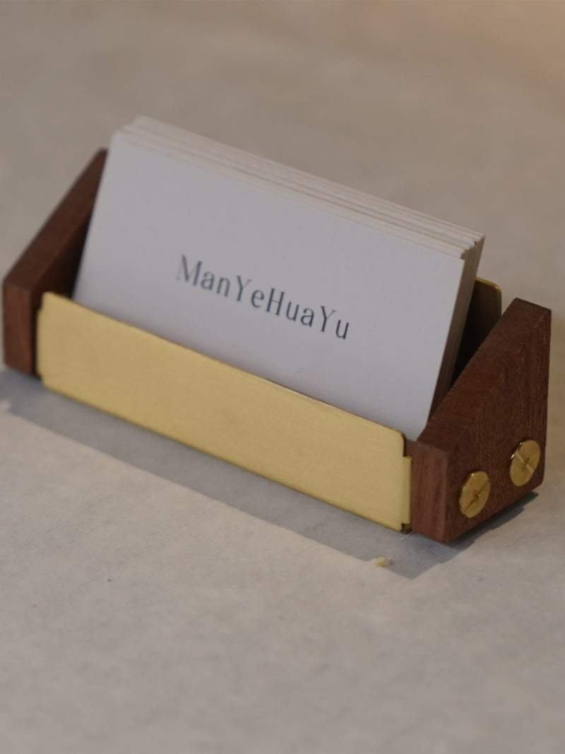 Solid Wood & Brass Business Card Holder, Mini Desktop Name Card Display Stand, Office Boutique Counter Card Organizer