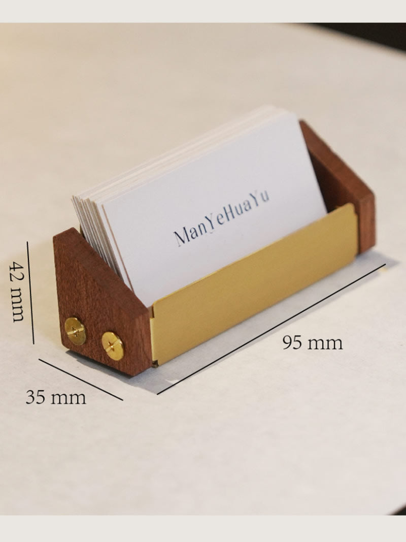 Solid Wood & Brass Business Card Holder, Mini Desktop Name Card Display Stand, Office Boutique Counter Card Organizer