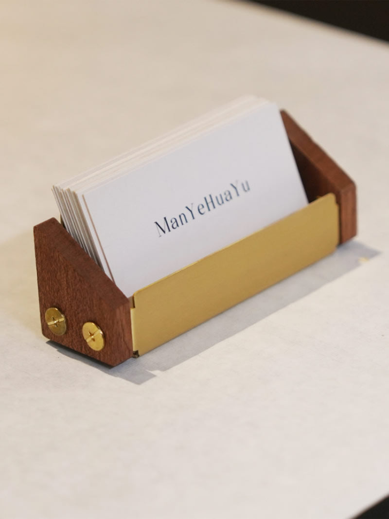 Solid Wood & Brass Business Card Holder, Mini Desktop Name Card Display Stand, Office Boutique Counter Card Organizer