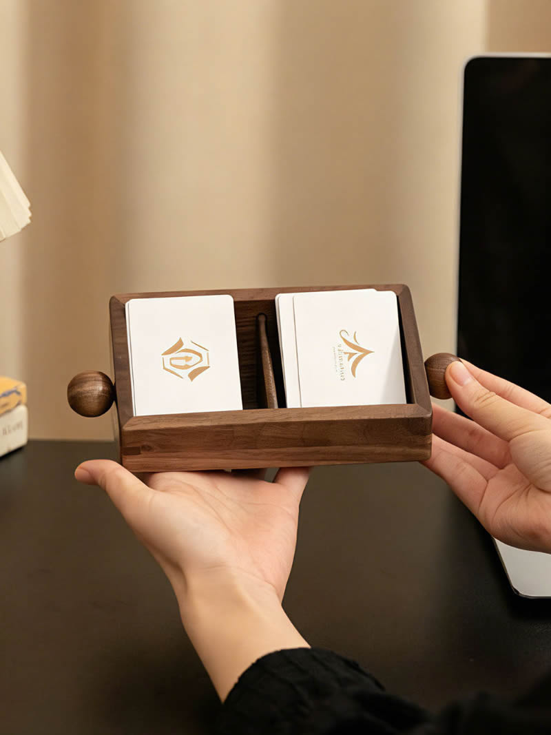 Solid Walnut Double Compartment Business Card Holder, Large Capacity Desktop Name Card Tray, Luxury Office Desk Card Organizer