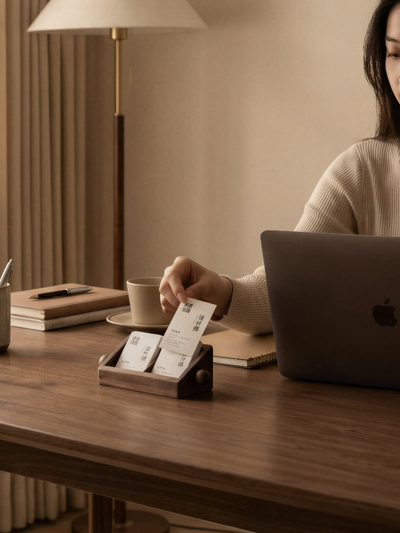 Solid Walnut Double Compartment Business Card Holder, Large Capacity Desktop Name Card Tray, Luxury Office Desk Card Organizer