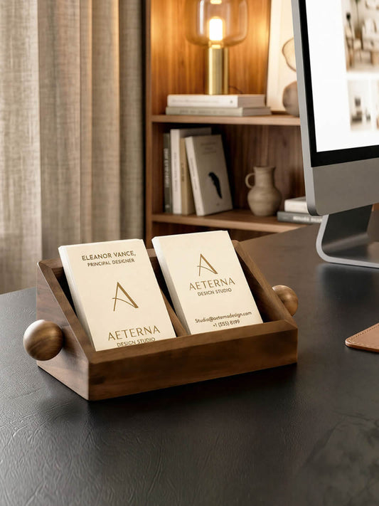 Solid Walnut Double Compartment Business Card Holder, Large Capacity Desktop Name Card Tray, Luxury Office Desk Card Organizer