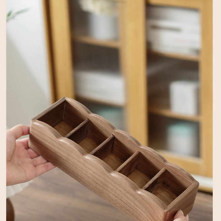 Solid Walnut Wood Remote Control Holder, Multi‑Compartment Desktop Storage Caddy, Wooden Divided Organizer for Coffee Table, Sofa Side Table & Office Desk