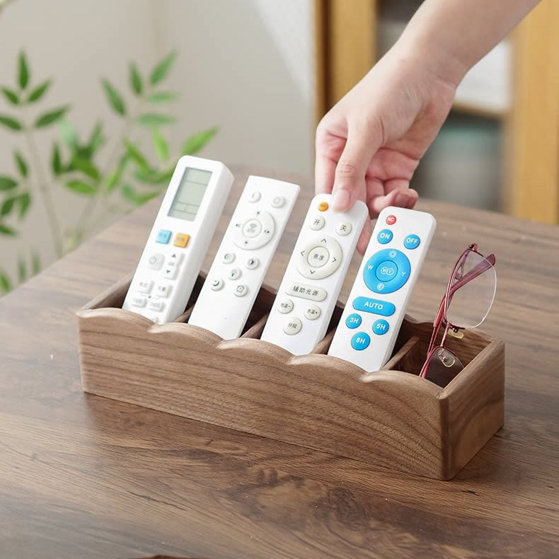 Solid Walnut Wood Remote Control Holder, Multi‑Compartment Desktop Storage Caddy, Wooden Divided Organizer for Coffee Table, Sofa Side Table & Office Desk