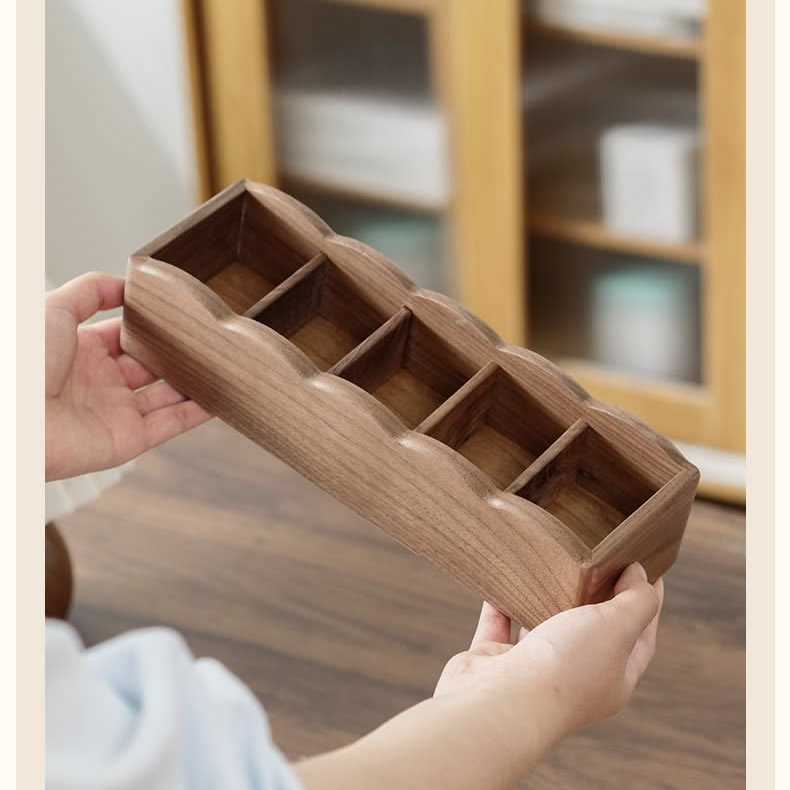 Solid Walnut Wood Remote Control Holder, Multi‑Compartment Desktop Storage Caddy, Wooden Divided Organizer for Coffee Table, Sofa Side Table & Office Desk