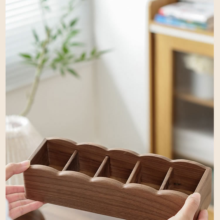 Solid Walnut Wood Remote Control Holder, Multi‑Compartment Desktop Storage Caddy, Wooden Divided Organizer for Coffee Table, Sofa Side Table & Office Desk