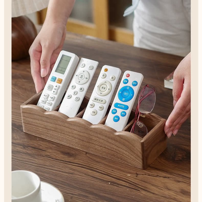 Solid Walnut Wood Remote Control Holder, Multi‑Compartment Desktop Storage Caddy, Wooden Divided Organizer for Coffee Table, Sofa Side Table & Office Desk