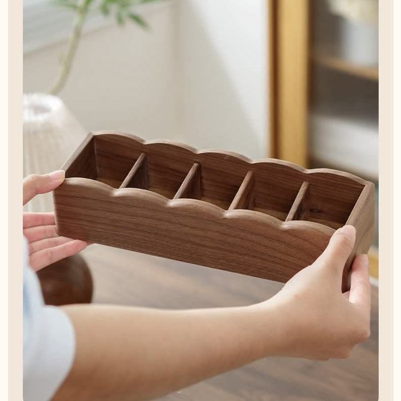Solid Walnut Wood Remote Control Holder, Multi‑Compartment Desktop Storage Caddy, Wooden Divided Organizer for Coffee Table, Sofa Side Table & Office Desk