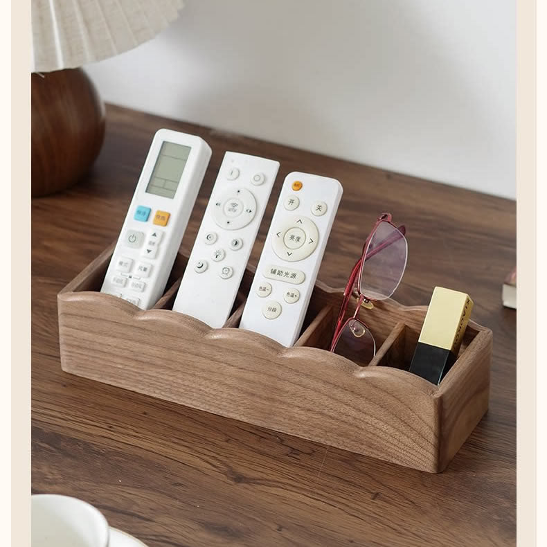 Solid Walnut Wood Remote Control Holder, Multi‑Compartment Desktop Storage Caddy, Wooden Divided Organizer for Coffee Table, Sofa Side Table & Office Desk