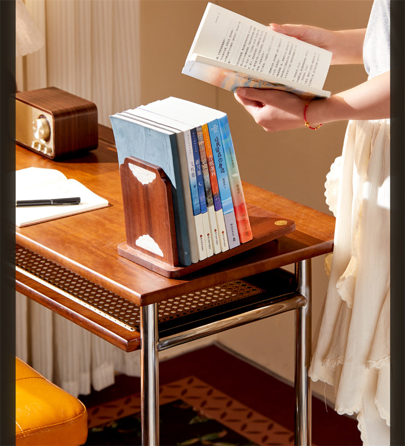 Solid Wood Cloud-Inlay Bookend, Elegant Cultural Style Desktop Book Organizer