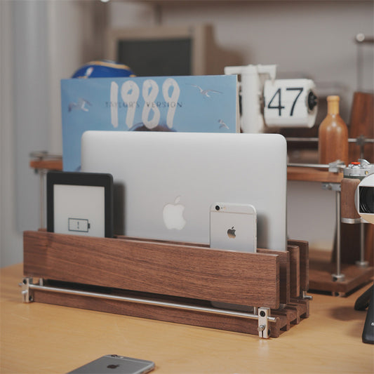 Solid Wood Desk File Organizer, Multi-Slot Laptop Tablet Book Stand , Desktop Storage Sorter for Notebook E-Reader Magazines Phones