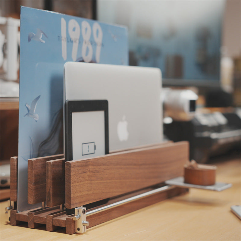 Solid Wood Desk File Organizer, Multi-Slot Laptop Tablet Book Stand , Desktop Storage Sorter for Notebook E-Reader Magazines Phones