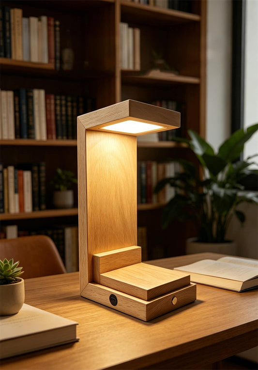 Solid Wood LED Display Lamp,Wooden Desk Light with Showcase Platform, Dimmable Warm Light for Collectibles, Figurines & Home Office Decor