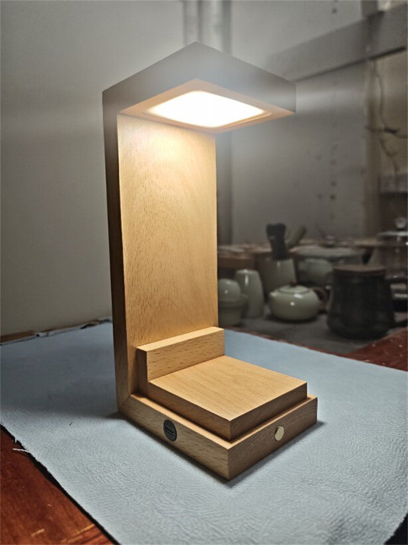 Solid Wood LED Display Lamp,Wooden Desk Light with Showcase Platform, Dimmable Warm Light for Collectibles, Figurines & Home Office Decor