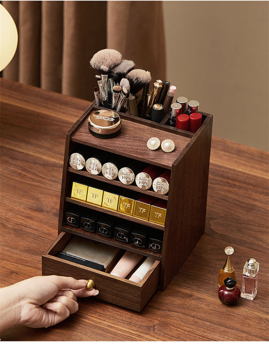 Solid Wood Lipstick Organizer with Drawer - Multi-Tier Makeup Storage Display Stand for Vanity Decor Gift