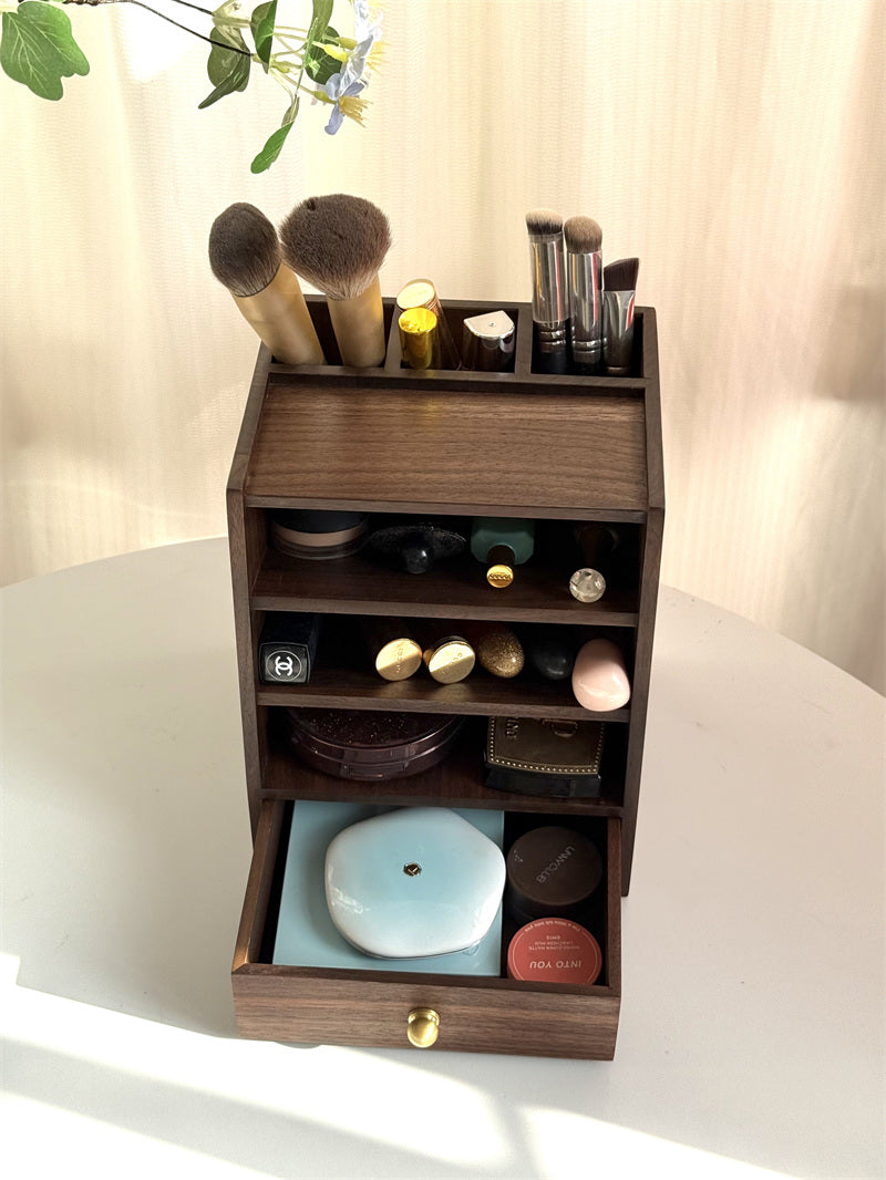 Solid Wood Lipstick Organizer with Drawer - Multi-Tier Makeup Storage Display Stand for Vanity Decor Gift