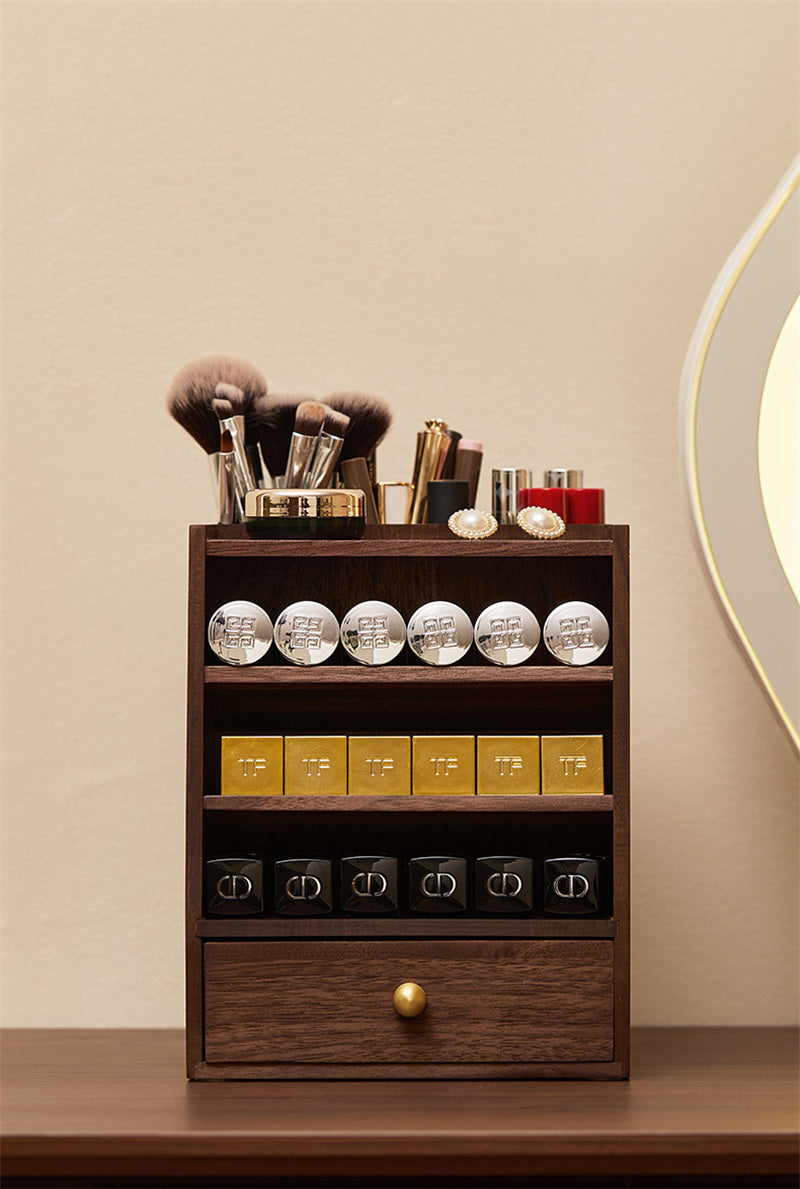 Solid Wood Lipstick Organizer with Drawer - Multi-Tier Makeup Storage Display Stand for Vanity Decor Gift